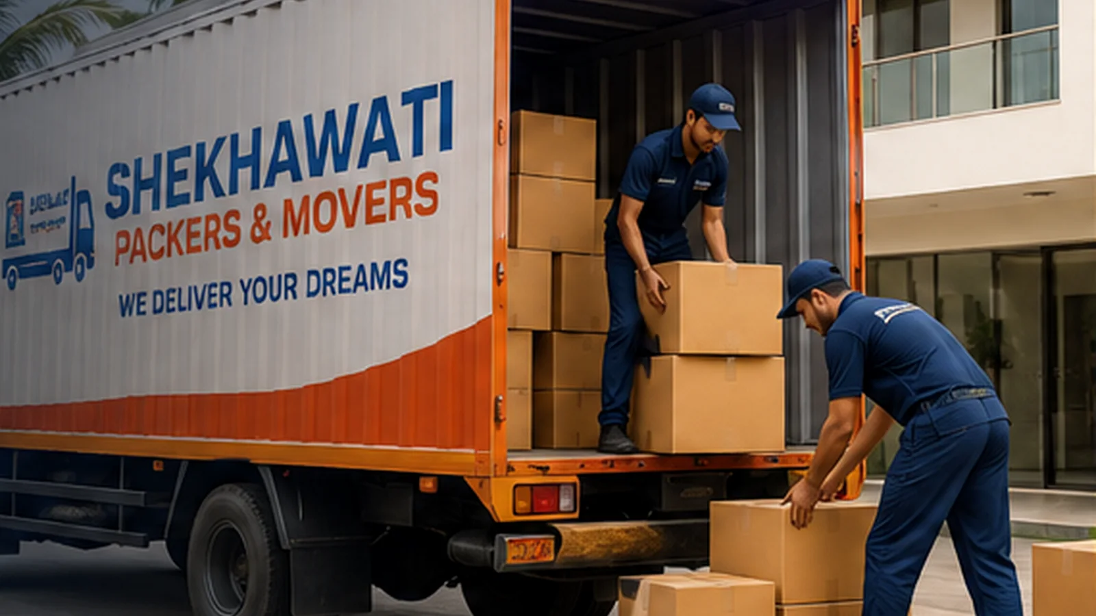 Shekhawati Packers and Movers team loading household boxes into a moving truck in Kota